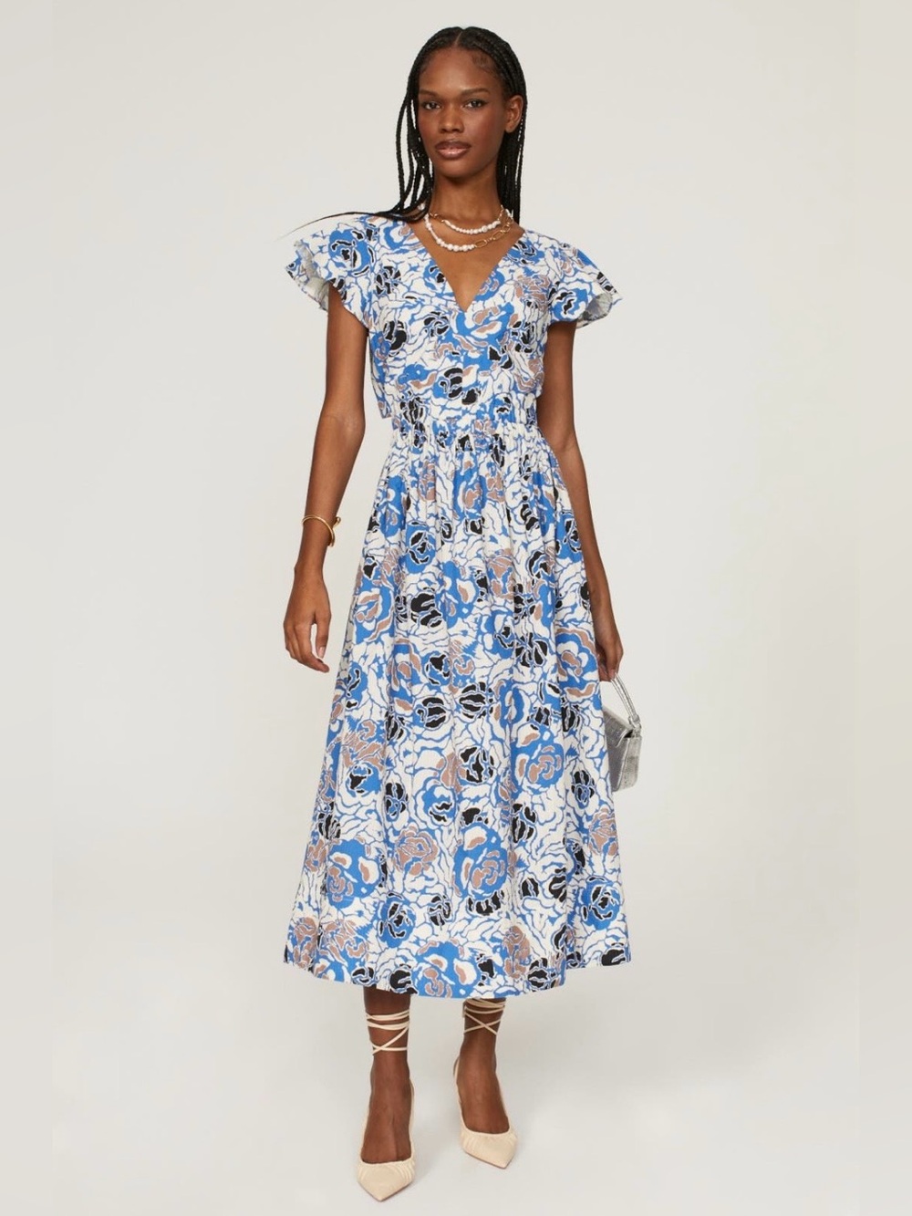 Tanya Taylor~Kate Dress~Blue, White Floral V-Neck Midi~Size 2~$545~